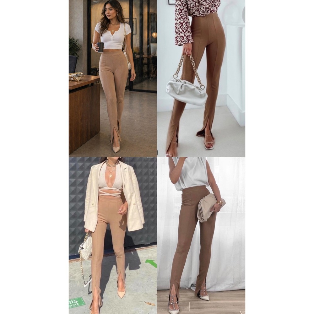 Zara Ribbed High Waisted Split Hem Leggings Camel Tan XL Front Seam Pants